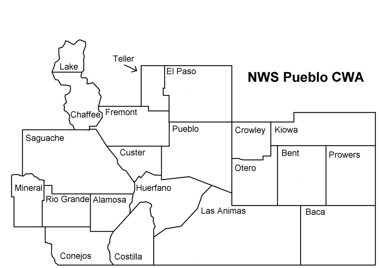 Map showing counties within the NWS Pueblo County Warning Area